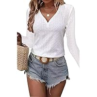 Button Embroidered Eyelet Top Shirt for Women Fashion V-Neck Shirts Tee Hollow Out Long Sleeve Fall Tops Blouses Tunic.