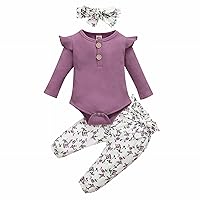 Girls Flower Outfit Baby Ribbed Long Sleeve Fly Sleeve Romper and Flower Pattern Trouser and (Purple, 12-18 Months)