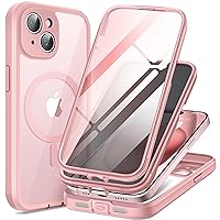 Magnetic for iPhone 15 Case Compatible with Magsafe, [Dustproof Design] Built-in 9H HD Tempered Glass Screen Protector & Privacy Screen Protector & Upgraded Camera Protection, Pink