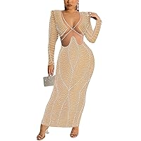 Womens Sexy V-Neck Long Sleeve Rhinestones Mesh See Through Slim Maxi Dress Nightclub Dress