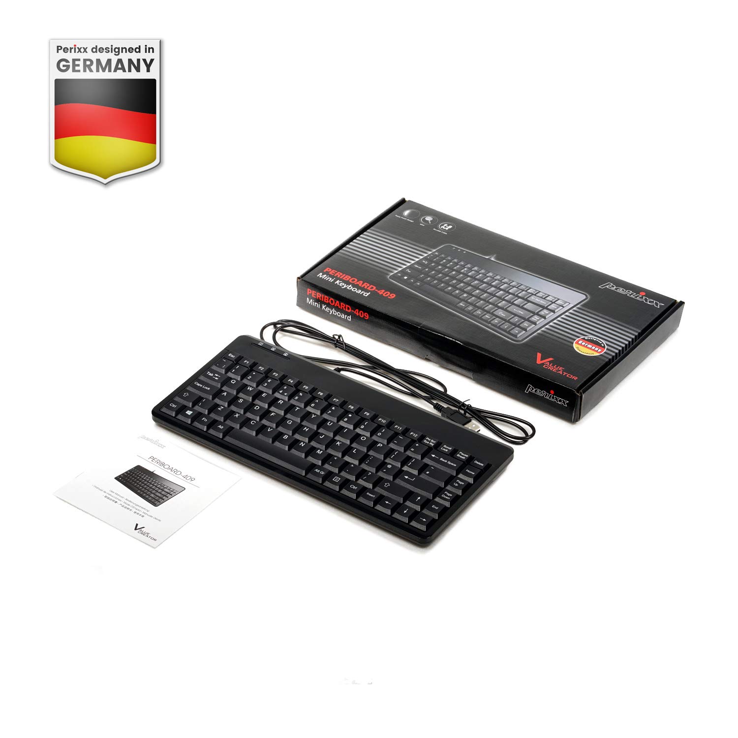 Perixx PERIBOARD-409H Wired USB Mini Keyboard with 2 USB Hubs, Black, US English Layout