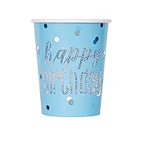 Unique 82247 Paper Cups-266 ml-Glitz Foil Blue & Silver Pack of 8, Happy Birthday