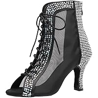 Rhinestones Womens Latin Dance Boots Peep Toe Ballroom Pumps Tango Cha Cha Jazz Kitten Heels Lace Up Customized Heel Peep Toe Salsa Shoes