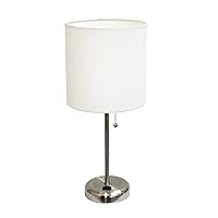 Simple Designs LT2024-WHT Brushed Steel Stick Table Desk Lamp with Charging Outlet and Drum Fabric Shade, White Shade