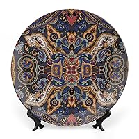 Decorative Ceramic Plate Round Porcelain Plate,7 inch,Paisley Pattern,for Home&Office Kitchen Dinner Plate Dessert Dish Home Office Wall Decor,Royal Blue Sand Brown