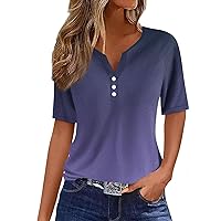 Short Sleeve Shirts for Women,Womens Going Out Tops Vintage Print V Neck Button Top Summer Tops for Women 2024