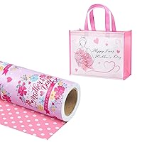 WRAPAHOLIC Reversible Mother's Day Wrapping Paper Roll & Large Reusable Gift Bag with Handles