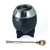 Coati | ''Torpedo'' Premium Yerba Mate Natural Gourd/Tea Cup Set (Original Traditional Mate Cup) | 100% leather exterior | Includes bulb (yerba mate straw to use) (Black)
