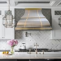Brushed Stainless Steel Range Hood with Brass Straps and Rivets, With 4-Speed Range Hood Insert, High CFM, Adjustable Led Lights, 42