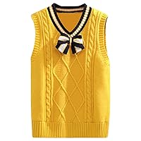 Girls V Neck Uniform Bow Tie Ribbed Trim Twisted Knitted Vest Sweater Cardigan Crochet Knitwear Waistcoat
