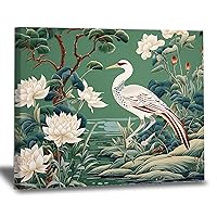 WoGuangis Dark Green Chinoiserie Bird Flower Canvas Poster White Crane Bird Green Canvas Wall Art Print Japanese Asian Style Wall Decor Hanging Poster for Living Room Bedroom Kitchen 12x16in