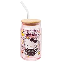 Silver Buffalo Hello Kitty Skeleton Web Glass Tumbler w Bamboo Lid and Glass Straw, 16 Ounces
