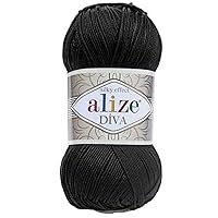 Alize Diva Silk Effect 100% Microfiber Acrylic Yarn 1 Ball skeins 100gr 383yds Color (60 - Black)