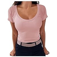 Womens Basic T-Shirts Scoop Neck Short Sleeve Crop Tops Cute Summer Tops Teen Girls Slim Fit Tees Y2k Clothing 2024