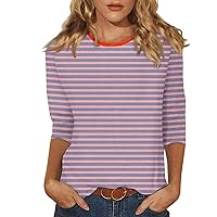 Ladies 3/4 Sleeve Tops and Blouses,3/4 Length Sleeve Womens Tops Round Neck Stripe Print T Shirts 2024 Summer Solid Color Loose Fit Cute Blouse Cute Tops