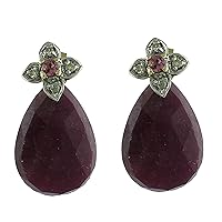 Indian Ruby Natural Gemstone Briolette Shape 925 Sterling Silver Uniqe Drop Dangle Earrings | Yellow Gold Plated