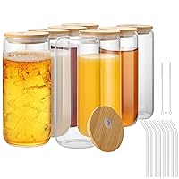 Glass cup with bamboo lid and straw 8pcs Set - 20oz Extra large Cups, cute Drinking glass cups Beer Glasses, Iced Coffee Cute Tumbler Cup, Cocktail Cup, Whiskey, Gift 2 straw Brush 1 cup brush