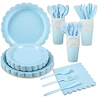 175 Pcs Light Blue Paper Plates and Napkins, 25 Guest Baby Blue Party Supplies Include Light Blue Scalloped Plates Napkins Cups Plastic Spoons Forks Knives for Baby Shower, Wedding, Birthday