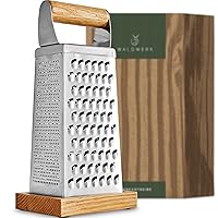WALDWERK Premium Grater with Etched Stainless Steel Blades - Grater for Kitchen with Oak Wood Base - Box Grater with 4 Sides for Parmesan Cheese, Vegetables, Carrots, or Potatoes - Cheese Grater