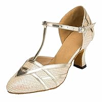 TDA Women's Comfort Mid Heel T-strap Glitter Synthetic Salsa Ballroom Latin Dance Wedding Shoes