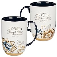 Christian Art Gifts Large Ceramic Coffee & Tea Scripture Mug for Women: All Things Through Christ Encouraging Gold Bible Verse, Non-toxic Cute Brown & Blue Floral Cup, Creamy White & Dark Blue, 15 oz.