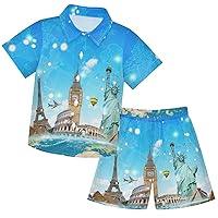 visesunny Toddler Boys 2 Piece Outfit Button Down Shirt and Short Sets Famous Landmarks Of World Boy Summer Outfits