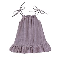 Infant Little Girls Sleeveless Flax Dresses Solid Color 𝐇𝐚lter Linen Pleated Dresses for Girls Ruffled Hem Dress