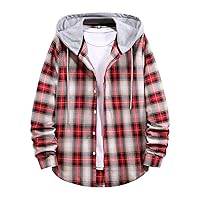 Men's Plaid Hooded Shirts Shirt Hooded Collar Long Sleeve Shirt Blouse Coat with Zipper Casual Loose Thicken