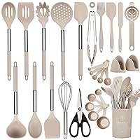 Cooking Utensils Set, 28 Pcs Silicone Kitchen Utensils Set with Holder, Silicone Whisk, Spatulas, Scissors, Measuring Cups and Spoons Set with Stainless Steel Handle Kitchen Gadgets (Khaki)
