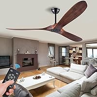 Solid Wood Ceiling Fans Without Light, 52 Inch Real Wood Ceiling Fan with Remote Control and 3 blade, Natural Wood Ceiling Fan Waterproof, Indoor Outdoor Ceiling Fans for Patio, Bedroom, Living room
