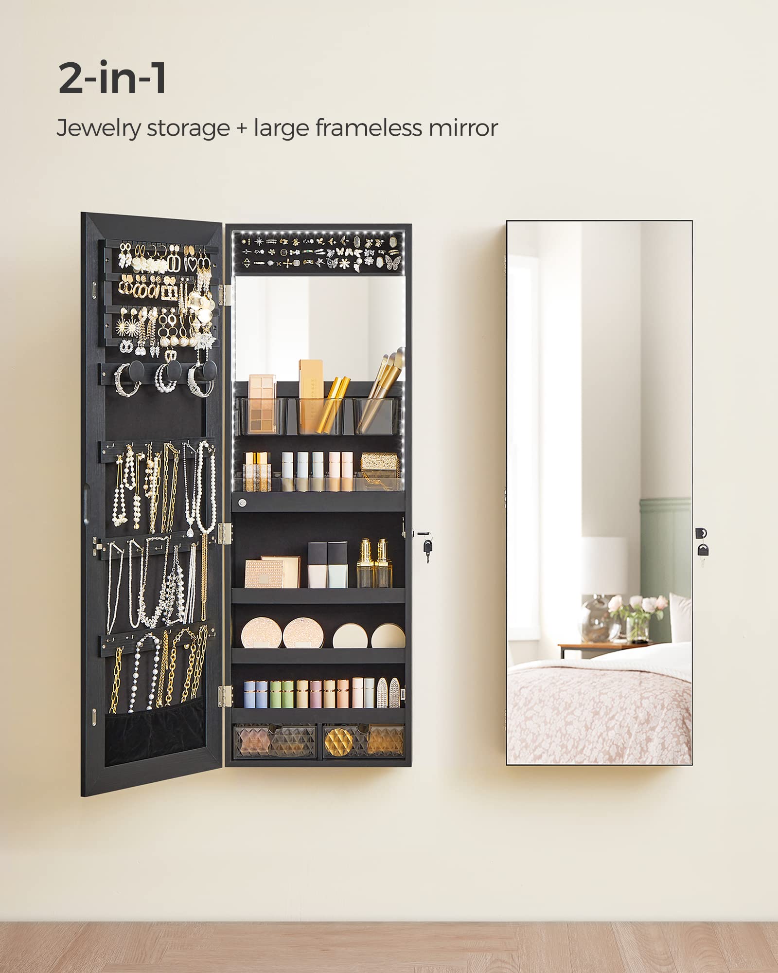 SONGMICS Jewelry Cabinet Armoire Organizer with LED Lights, Wall-Mounted Storage Cabinet with Full-Length Frameless Mirror, Built-in Makeup Mirror, 2 Drawers, Lockable, Black UJJC013B01
