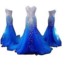 Royal Blue Shiny Crystals Beaded Mermaid Women's Prom Evening Shower Dress Celebrity Party Gown for Wedding