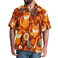 Hawaiian Shirt for Men Casual Button Down, Quick Dry Holiday Beach Short Sleeve Shirts Orange Cat Pattern,S
