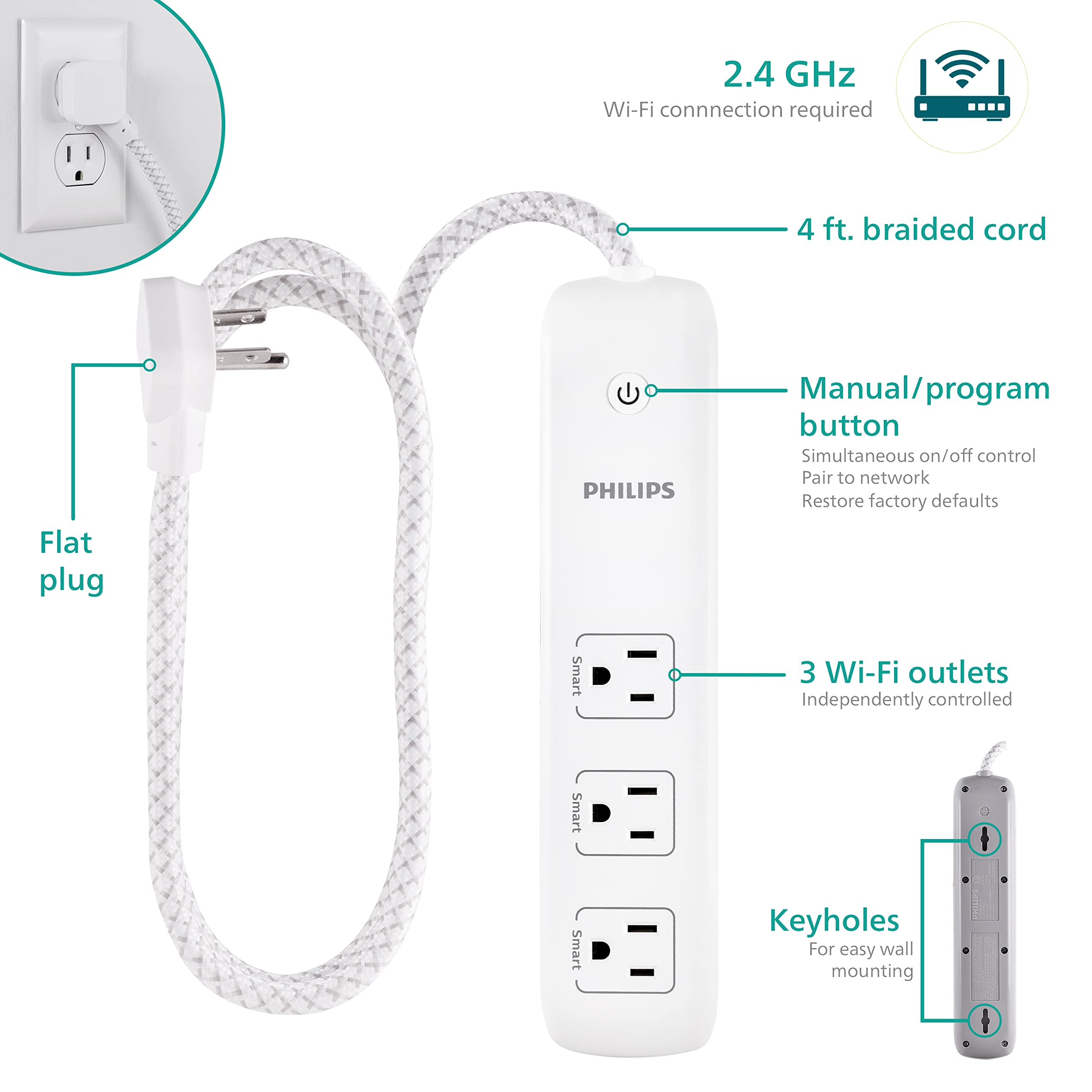 Philips 3 Outlet Smart Wi-Fi Extension Cord, 4 Ft Braided Cord, Individual Control, Compatible with Alexa, Google Home, Bluetooth Set Up, No Hub Required, ETL Listed, White, SPC9034WB/37