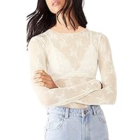 Sheer Mesh Long Sleeve Layering Top for Women Mock Neck Floral Lace Tshirt See Through Tee Shirt Blouse