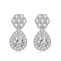 4.00ct Brilliant Pear and Round Cut, VVS1 Clarity, Colorless Moissanite Diamond, 925 Sterling Silver Earring, Halo with Flower Post Drop Earrings Screw Back, Anniversary Ring