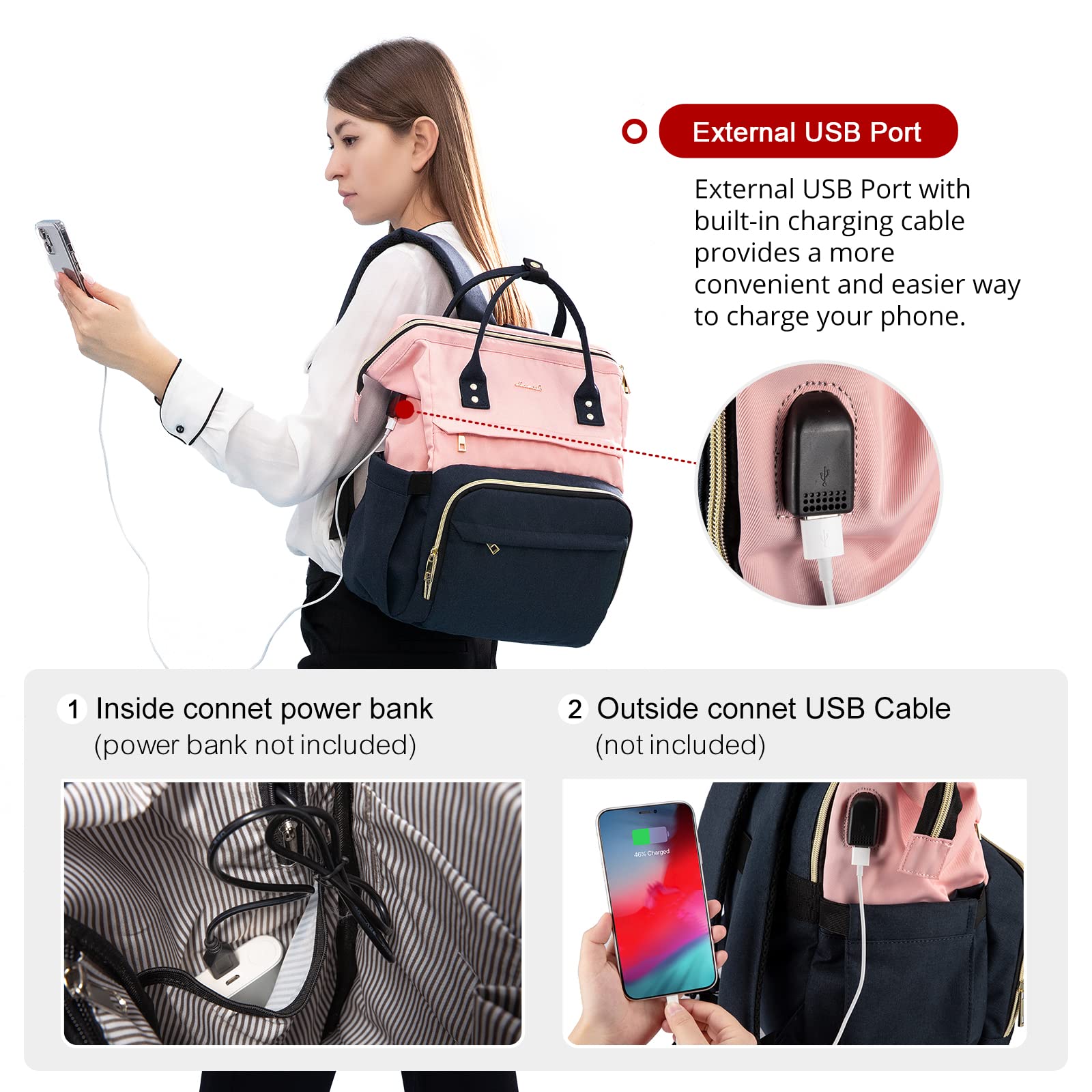 LOVEVOOK Laptop Backpack for Women Fashion Business Computer Backpacks Travel Bags Purse Doctor Nurse Work Backpack with USB Port, Fits 17-Inch Laptop Pink Navy