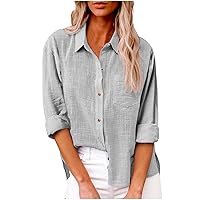 Womens Cotton Button Down Shirt Casual Long Sleeve Loose Fit Collared Linen Work Oversized Blouse Tops with Pocket Gray