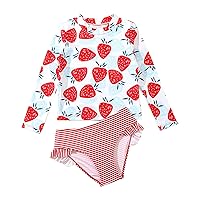 Girls Bathing Suit Size 6 Long Sleeved Round Neck Strawberry Print Top+Striped Swimwear Little Girl Swimsuits