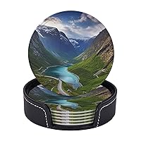 Coasters for Drinks 6 Pcs Round Leather Coasters Norwegian Fjords Drink Coasters with Holder Waterproof Coaster Sets Heat Resistant Cup Pads Mug Cup Mats for Kitchen Bar Living Room Home Decor