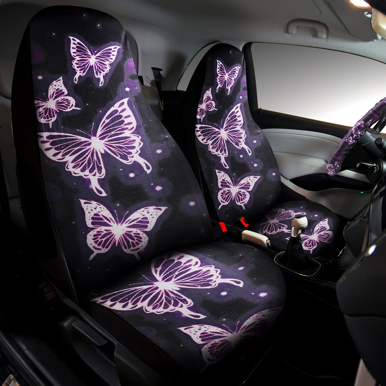 15 Pieces Purple Butterfly Car Seat Covers Full Set, Butterfly Car Accessories Set Steering Wheel Cover Center Console Armrest Pad Headrest Seat Belt Cover Keyring Coaster for Cars SUV Interior Decor