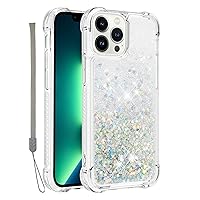 Compatible with Apple iPhone 13 Pro Max Case Clear, Slim Soft Silicone Glitter Liquid Champagne Quicksand Flowing Floating Phone Back Protective Cover with Hand Strap Women Cute Silver Love Heart