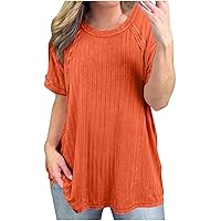 Women's Oversized Ribbed Knit Shirts Summer Vintage Patchwork Style T-Shirt Short Sleeve Crewneck Casual Tunic Tops