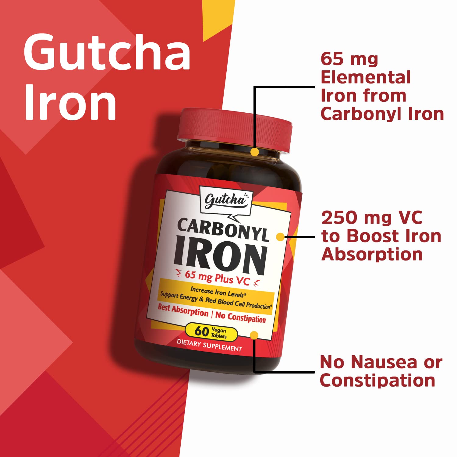 Gutcha Iron Supplement, 65 mg, Carbonyl Iron Plus Vitamin C, Energy & Blood Support for Women & Men, Better Absorption, Gentle on The Stomach, No Nausea, No Constipation, Vegan, Non-GMO, 60 Ct