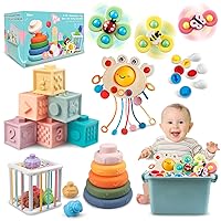 6 in 1 Baby Toys 6 to 12 Months, Montessori Toy for Toddlers 1-3, Infant Teething Babies Toy Stacking Blocks Rings Pull String Toy Suction Cup Spinner Toy Matching Eggs Shape Sorter Sensory Bin