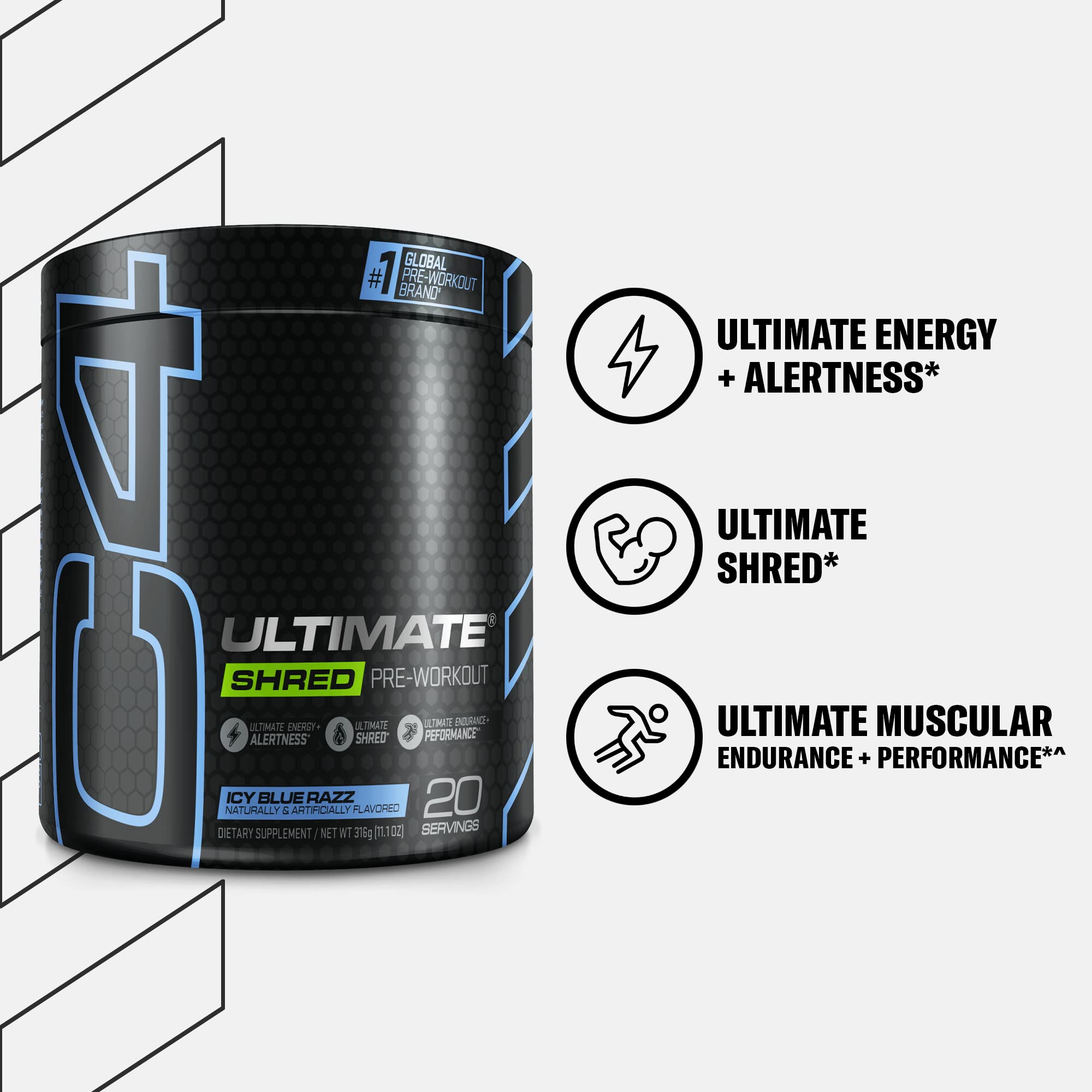 Cellucor C4 Ultimate Shred Pre Workout Powder, Fat Burner for Men & Women, Metabolism Supplement with Ginger Root Extract, ICY Blue Razz, 20 Servings