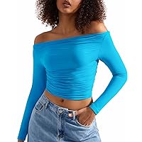 SUUKSESS Women Off Shoulder Long Sleeve Shirts Double Lined Fitted Crop Tops