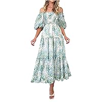 Womens Beach Vacation Dresses Summer Boho Casual Dress Off Shoulder Puff Sleeve Ruffle Midi Dress Flowy A Line Dress