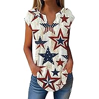4th of July Tank Tops for Women Summer Cap Sleeve T Shirts Trendy American Flag Print V Neck Pleated Tunic Tank Tops