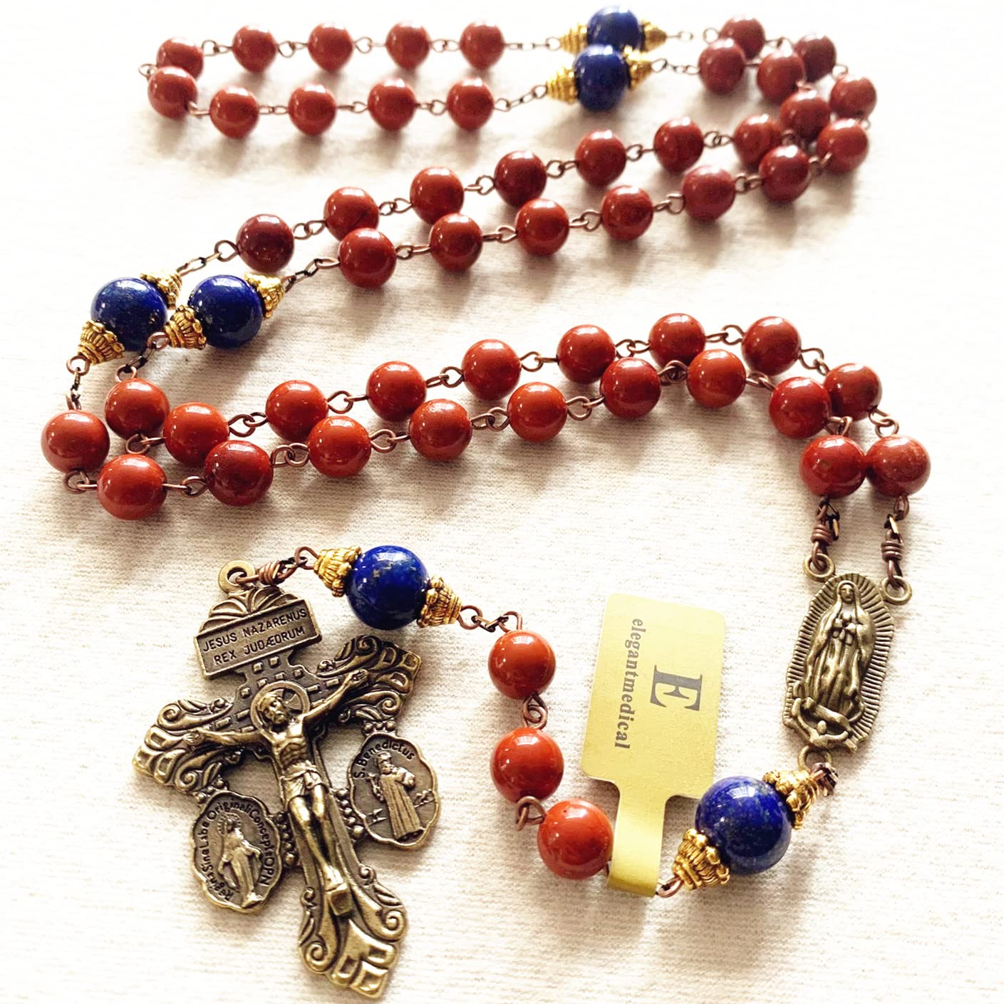 elegantmedical HANDMADE Catholic Red Carnelian Lapis lazuli beads Vintage Rosary Necklace Cross crucifix